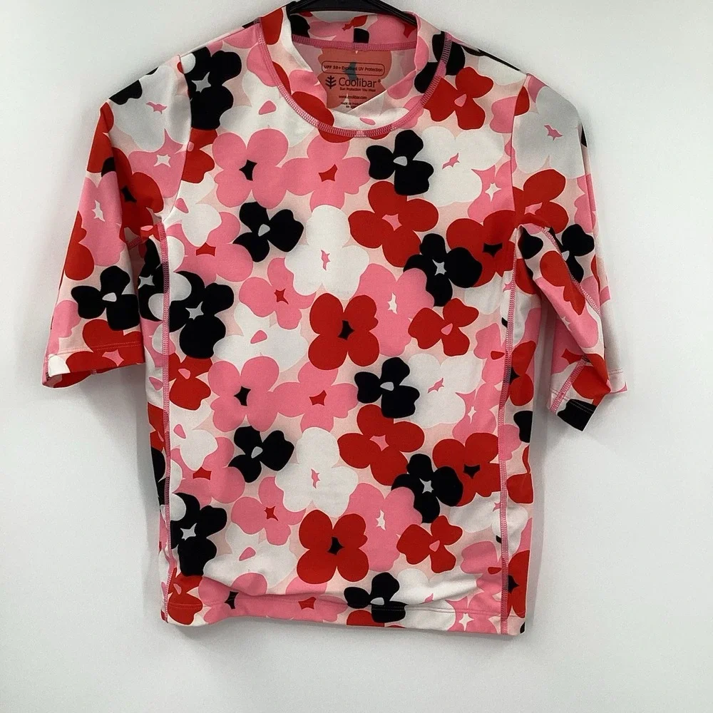 Coolibar Girls Large Colorful Floral Rash‎ Guard Short Sleeve Swimwear Stretch